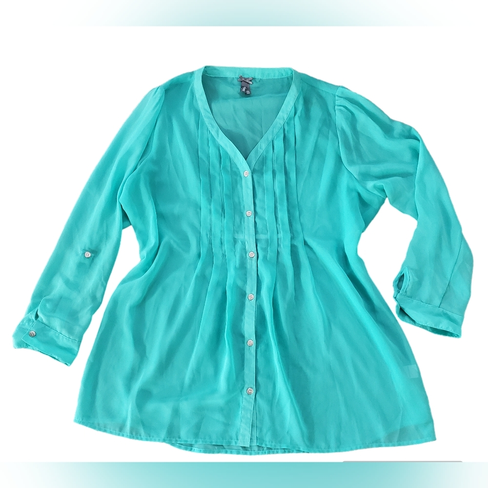 Vanity 2XL Sheer Mint Green Pleated Pintuck Tunic Longsleeved Blouse Top